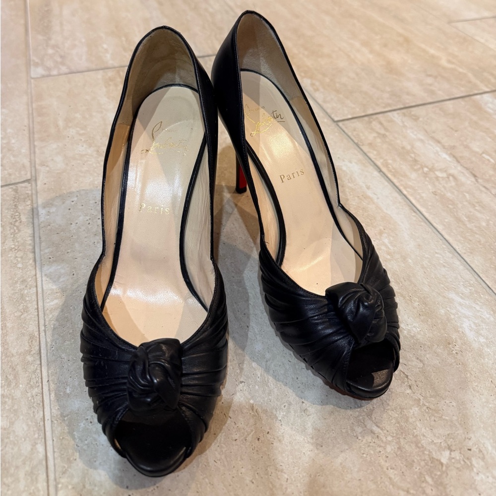 Christian Louboutin Black Leather Peep-Toe Knot Heels with Red Sole